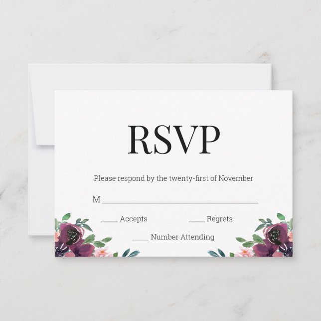 Modern Burgundy Floral Black Gold Monogram RSVP (Front)