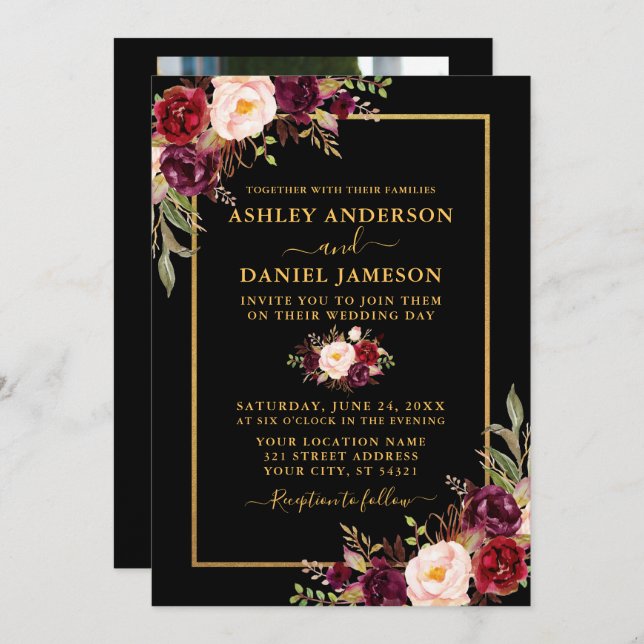 Modern Burgundy Floral Black Gold Photo Wedding Invitation (Front/Back)
