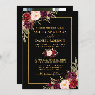 Modern Burgundy Floral Black Gold Photo Wedding Invitation