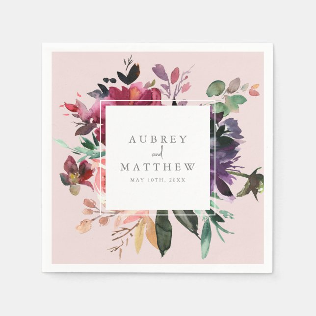 Modern Burgundy Floral Blush Pink Wedding Paper Napkin (Front)