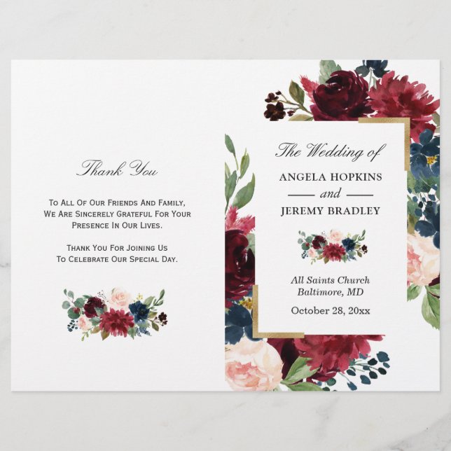 Modern Burgundy Floral Folded Wedding Program (Front)