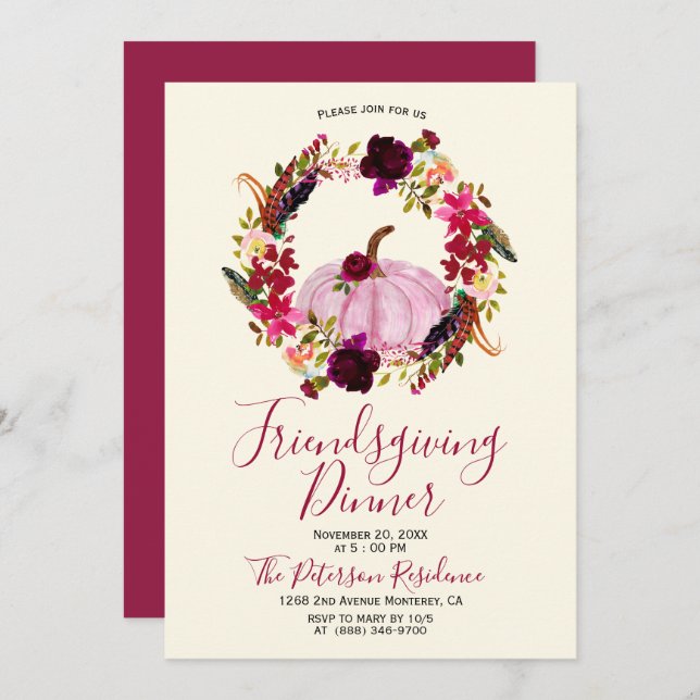 Modern Burgundy Floral Friendsgiving Invitations (Front/Back)