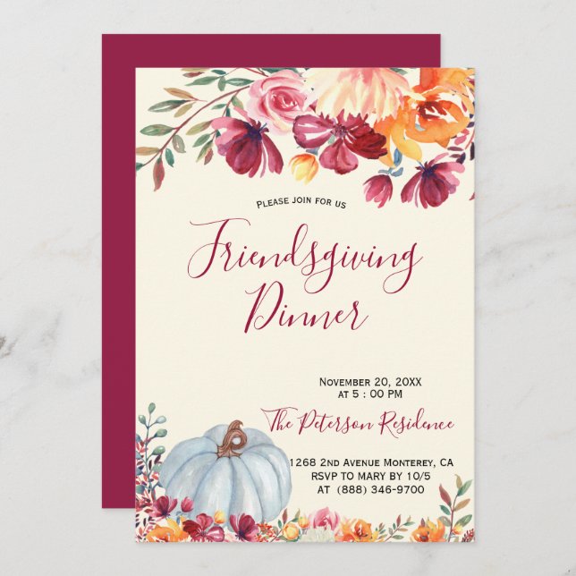 Modern Burgundy Floral Friendsgiving Invitations (Front/Back)