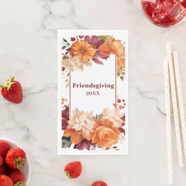 Modern Burgundy Floral Friendsgiving Paper Napkin (Insitu)
