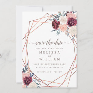 Modern Burgundy Floral Geometric Ivory Wedding Save The Date