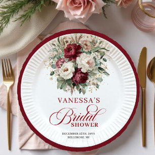 Modern Burgundy Floral Gold Bridal Shower Paper   Plate