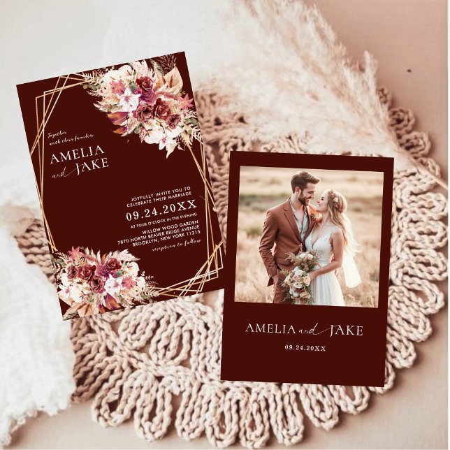 Modern Burgundy Floral Gold Geometric Wedding  Invitation (Creator Uploaded)