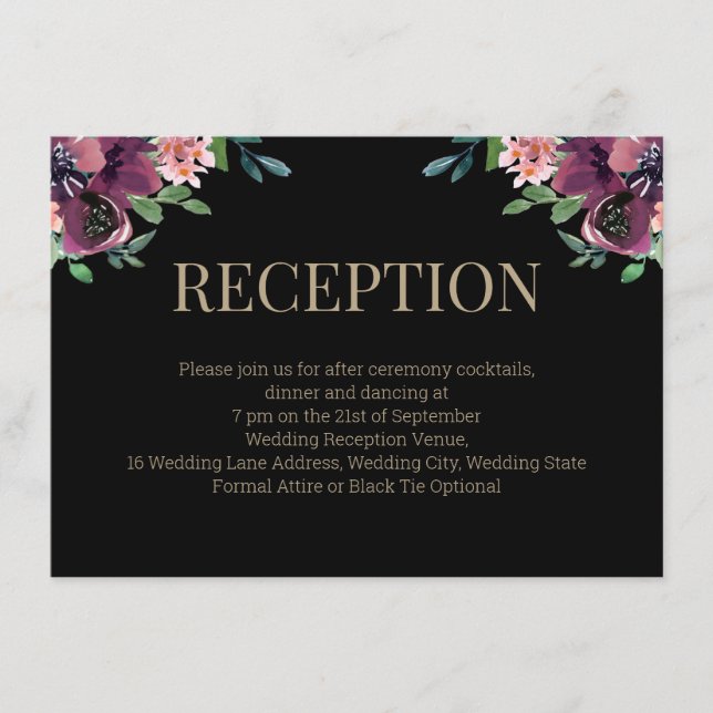 Modern Burgundy Floral Gold Monogram Reception Enclosure Card (Front)