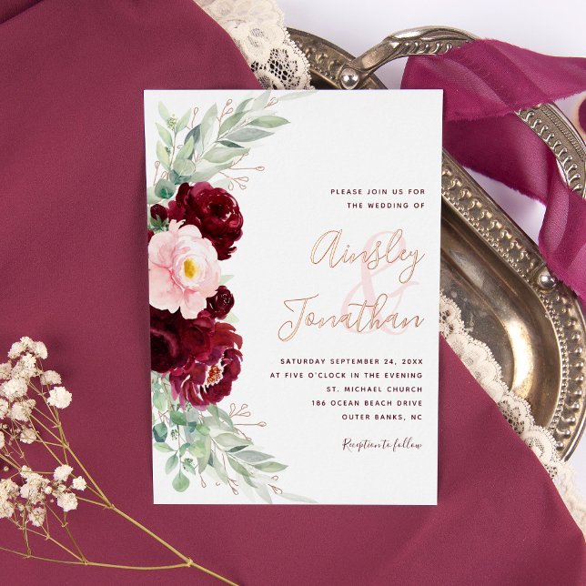 Modern Burgundy Floral Greenery Wedding Rose Gold (Creator Uploaded)