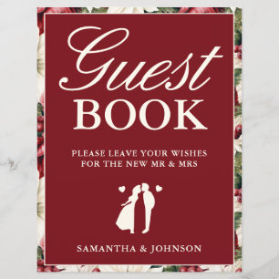 Modern Burgundy Floral Guest Book Wedding Sign