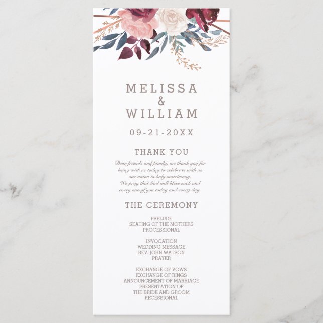 Modern Burgundy Floral Ivory Geometric Wedding Program (Front)