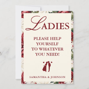 Modern Burgundy Floral Ladies Bathroom Basket Sign Invitation