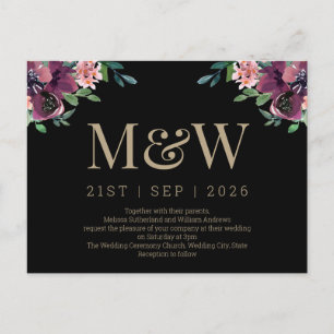 Modern Burgundy Floral Monogram Wedding Invitation Postcard