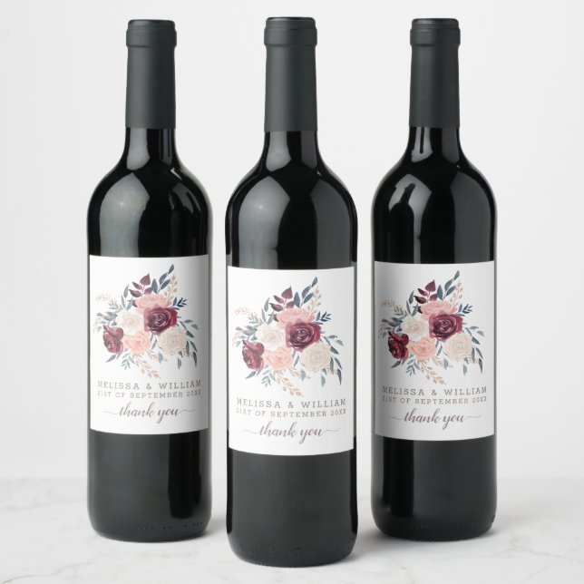 Modern Burgundy Floral Thank you Ivory Wedding Wine Label (Bottles)