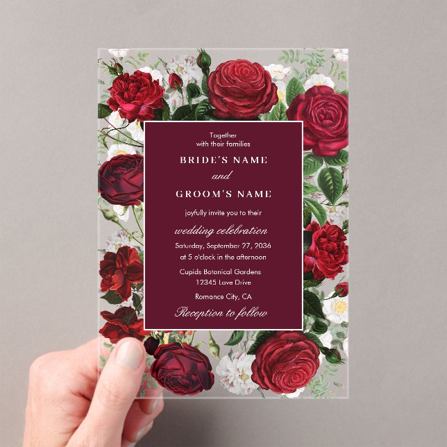 Modern Burgundy Floral Watercolor Elegant Wedding  Acrylic Invitations (Insitu (Handheld))