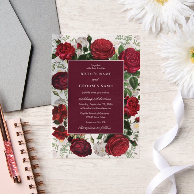 Modern Burgundy Floral Watercolor Elegant Wedding  Vellum Invitations (Wedding)