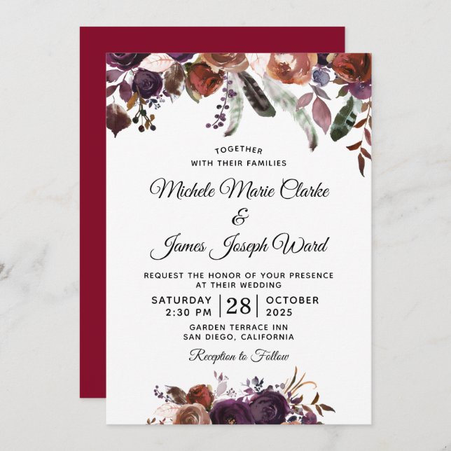 Modern Burgundy Floral Watercolor Wedding Invitation (Front/Back)