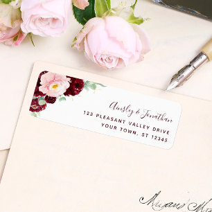 Modern Burgundy Floral Wedding Return Address Return Address Label