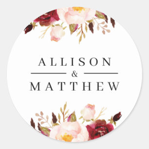 modern burgundy floral wedding sticker