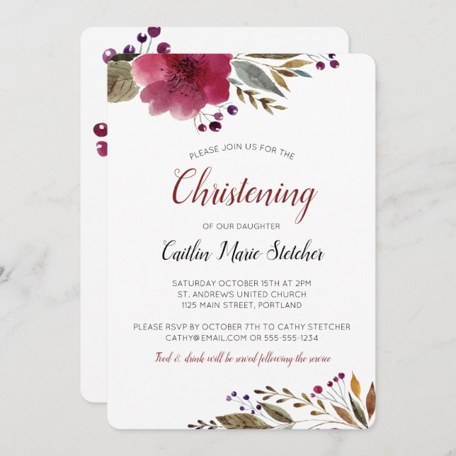 Modern Burgundy Flowers Baptism Christening Invitation (Front/Back)
