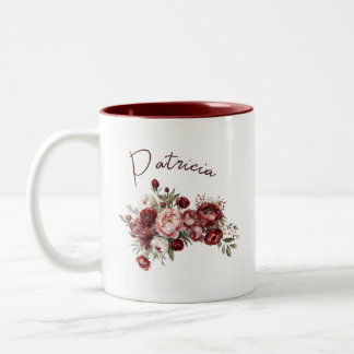 Modern Burgundy Flowers Two-Tone Coffee Mug