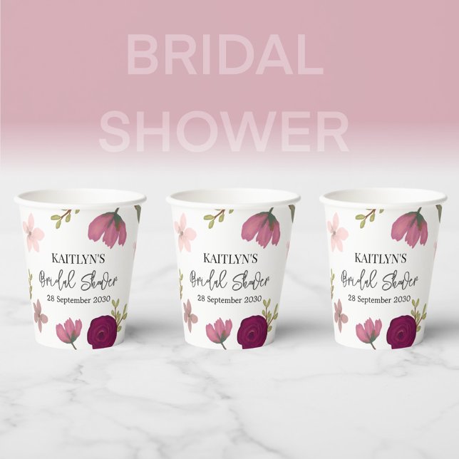Modern Burgundy Garden Floral Bridal Shower  Paper Cups (Creator Uploaded)