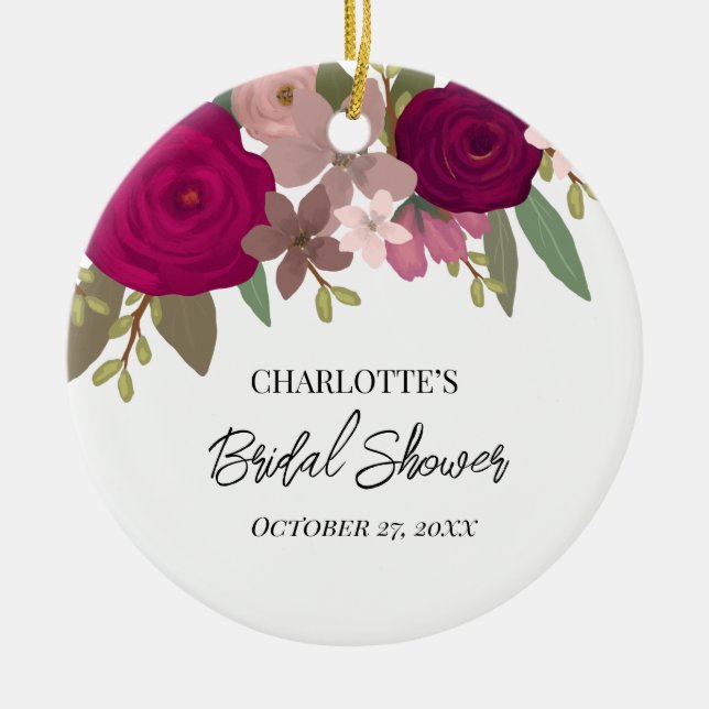 Modern Burgundy Garden Flowers Bridal Shower  Ceramic Ornament (Front)