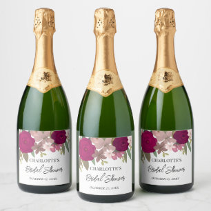 Modern Burgundy Garden Flowers Bridal Shower Favou Sparkling Wine Label