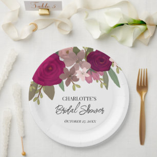 Modern Burgundy Garden Flowers Bridal Shower Paper Plate