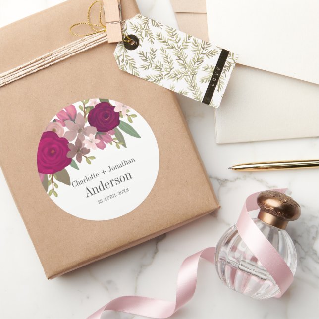 Modern Burgundy Garden Flowers Wedding Couple Name Classic Round Sticker (Gifting)