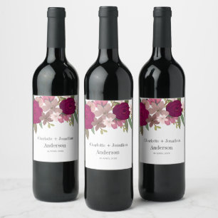 Modern Burgundy Garden Flowers Wedding Couple Name Wine Label
