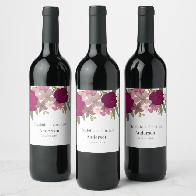 Modern Burgundy Garden Flowers Wedding Couple Name Wine Label (Bottles)