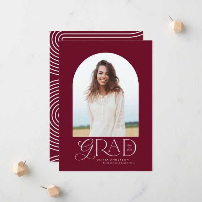 Modern burgundy geometric photo arch graduation announcement (Front/Back In Situ)