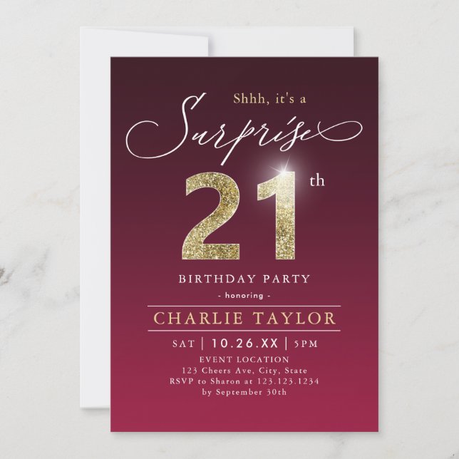 Modern burgundy gold adult surprise 21st birthday invitation (Front)
