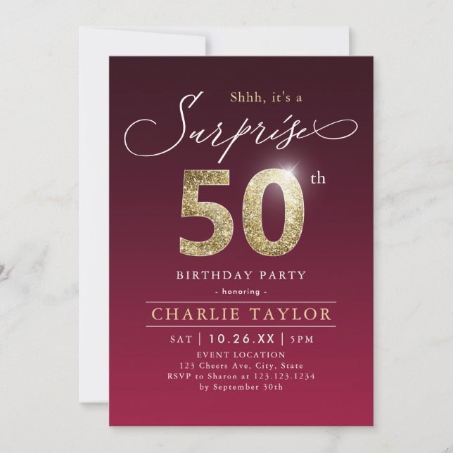 Modern burgundy gold adult surprise 50th birthday invitation (Front)