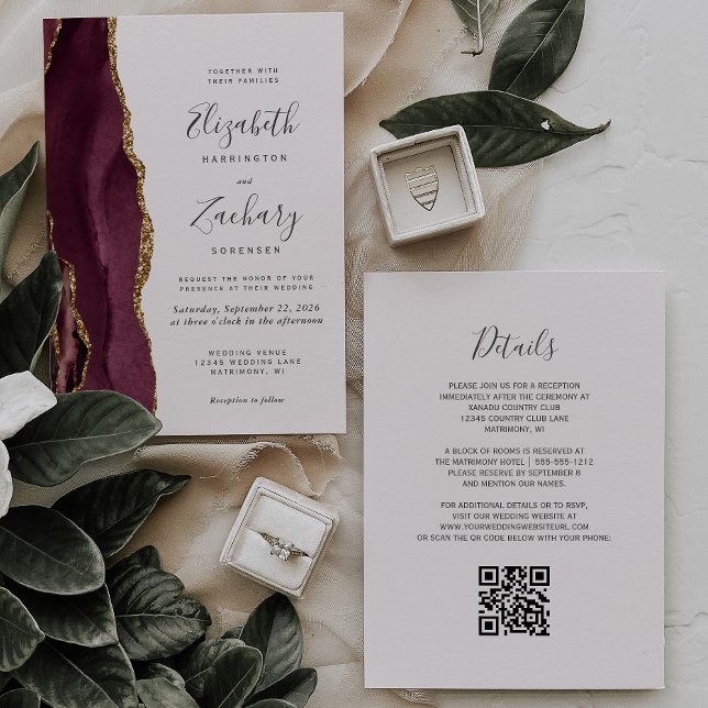 Modern Burgundy Gold Agate Blush QR Code Wedding Invitation (Creator Uploaded)