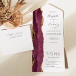 Modern Burgundy Gold Agate Blush Wedding All In One Invitation<br><div class="desc">The left-hand edge of this elegant modern all-in-one wedding invitation and RSVP features a burgundy watercolor agate border trimmed with faux gold glitter. The customisable text combines charcoal grey handwriting, copperplate and italic fonts on a blush pink background. The return address appears on the outside flap and the reverse side...</div>
