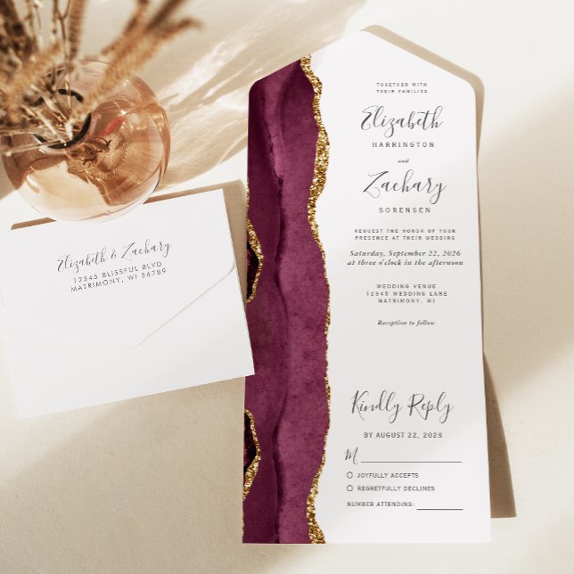 Modern Burgundy Gold Agate Blush Wedding All In One Invitation (Creator Uploaded)