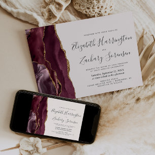 Modern Burgundy Gold Agate Blush Wedding Invitation