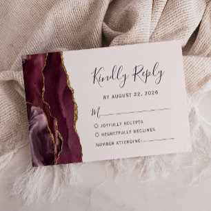 Modern Burgundy Gold Agate Blush Wedding RSVP Card
