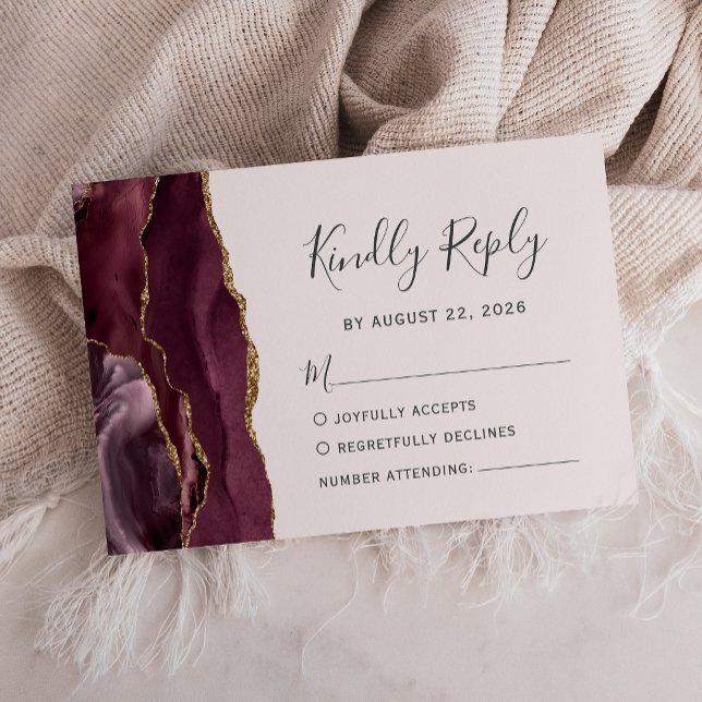 Modern Burgundy Gold Agate Blush Wedding RSVP Card (Creator Uploaded)