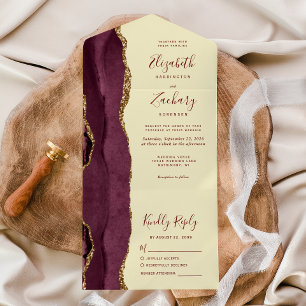 Modern Burgundy Gold Agate Butter Yellow Wedding All In One Invitation