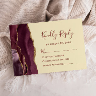 Modern Burgundy Gold Agate Butter Yellow Wedding RSVP Card
