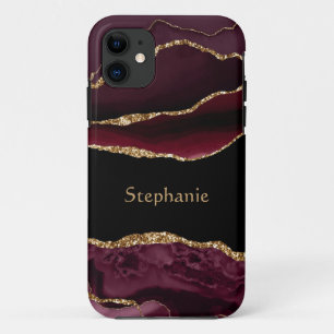 Modern Burgundy Gold Agate Crystal Personalise iPhone 11 Case