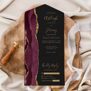 Modern Burgundy Gold Agate Dark Wedding All In One Invitation