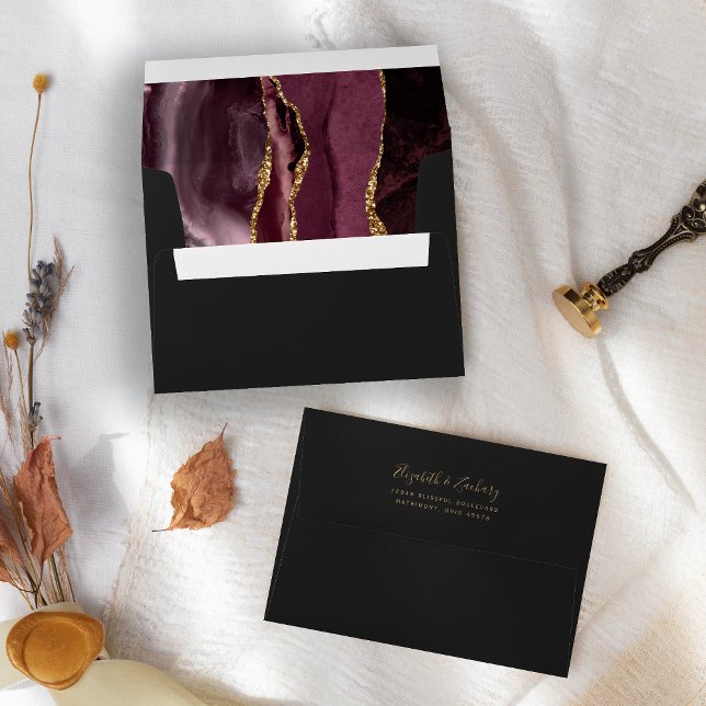 Modern Burgundy Gold Agate Dark Wedding Envelope (Creator Uploaded)