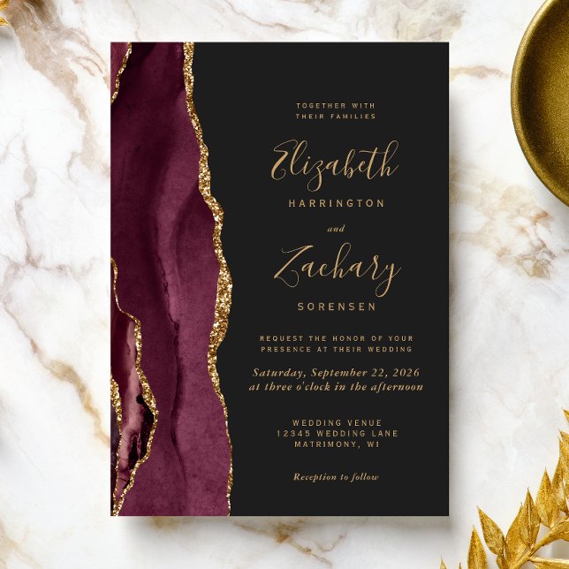 Modern Burgundy Gold Agate Dark Wedding Invitation (A perfect choice for a burgundy and gold themed wedding.)