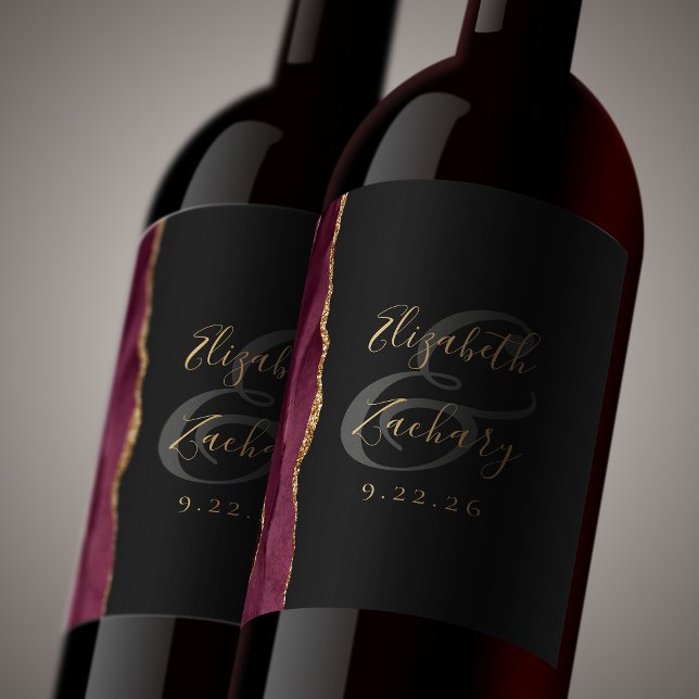 Modern Burgundy Gold Agate Dark Wedding Wine Label (Creator Uploaded)