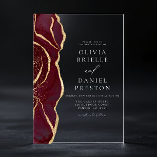 Modern Burgundy Gold Agate Elegant Wedding Acrylic Invitations