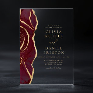 Modern Burgundy Gold Agate Elegant Wedding Acrylic Invitations